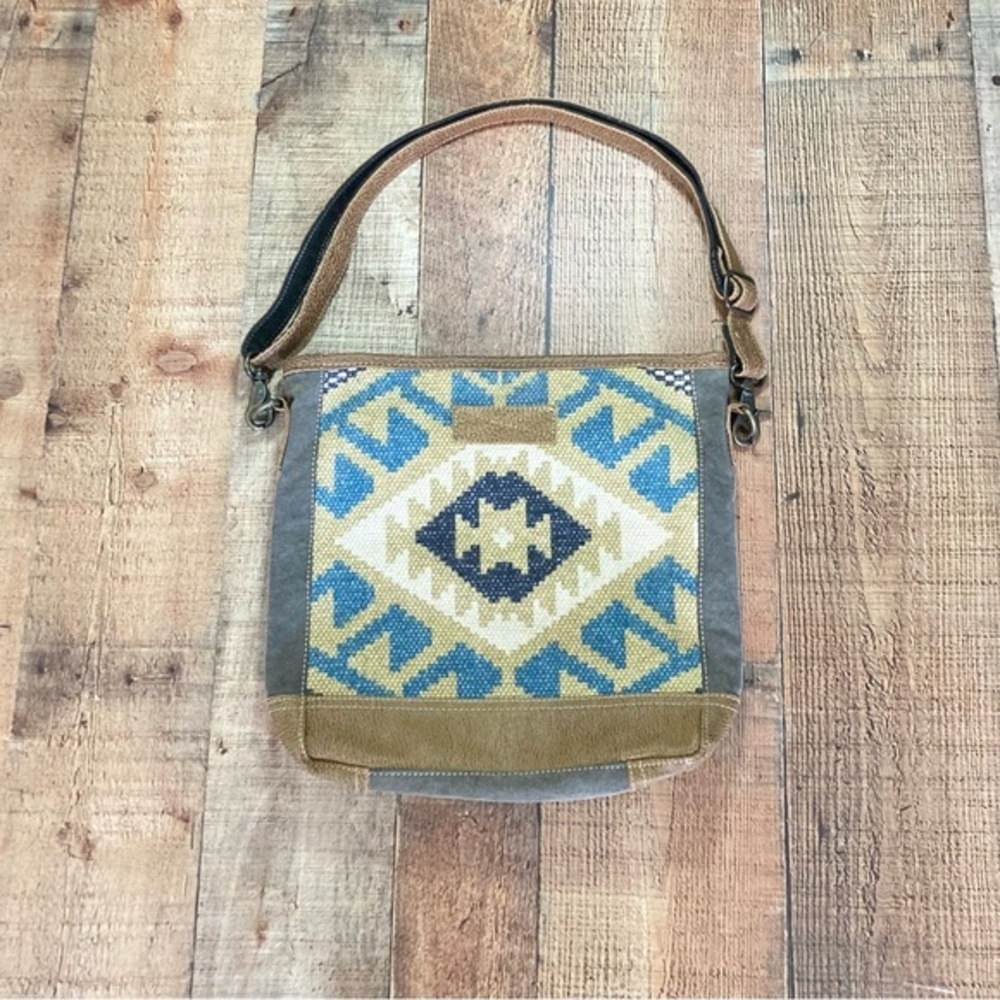 Myra Bag Southwestern Kilim Upcycled Canvas Leather Shoulder Bag‎ Blue Gray Tan